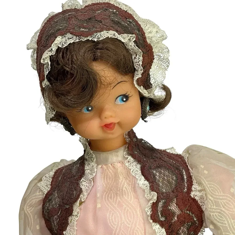 Vintage Victorian Style Souvenir Doll Lace Dress Metal Hoop Skirt 16”
